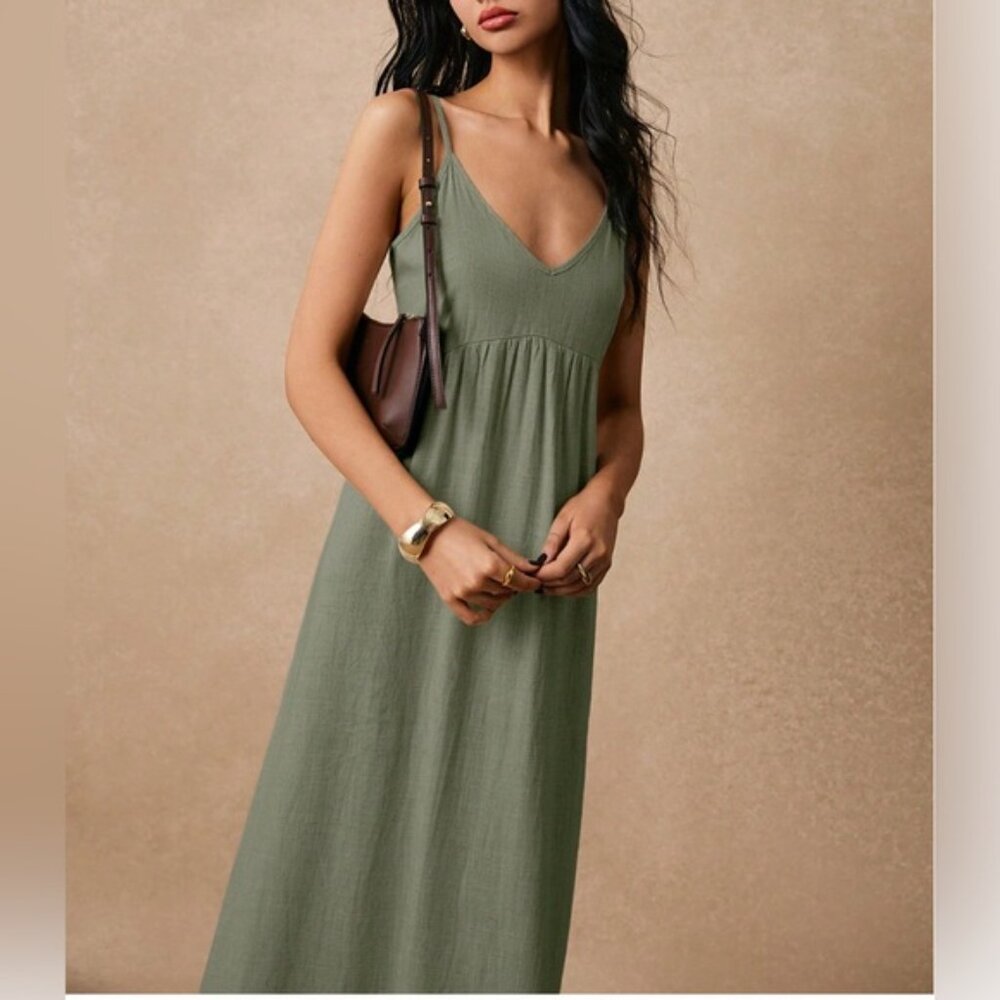 LAST ONE 🔥 Minimalist Sage Green Viscose Linen Blend Maxi Dress - Picture 6 of 8